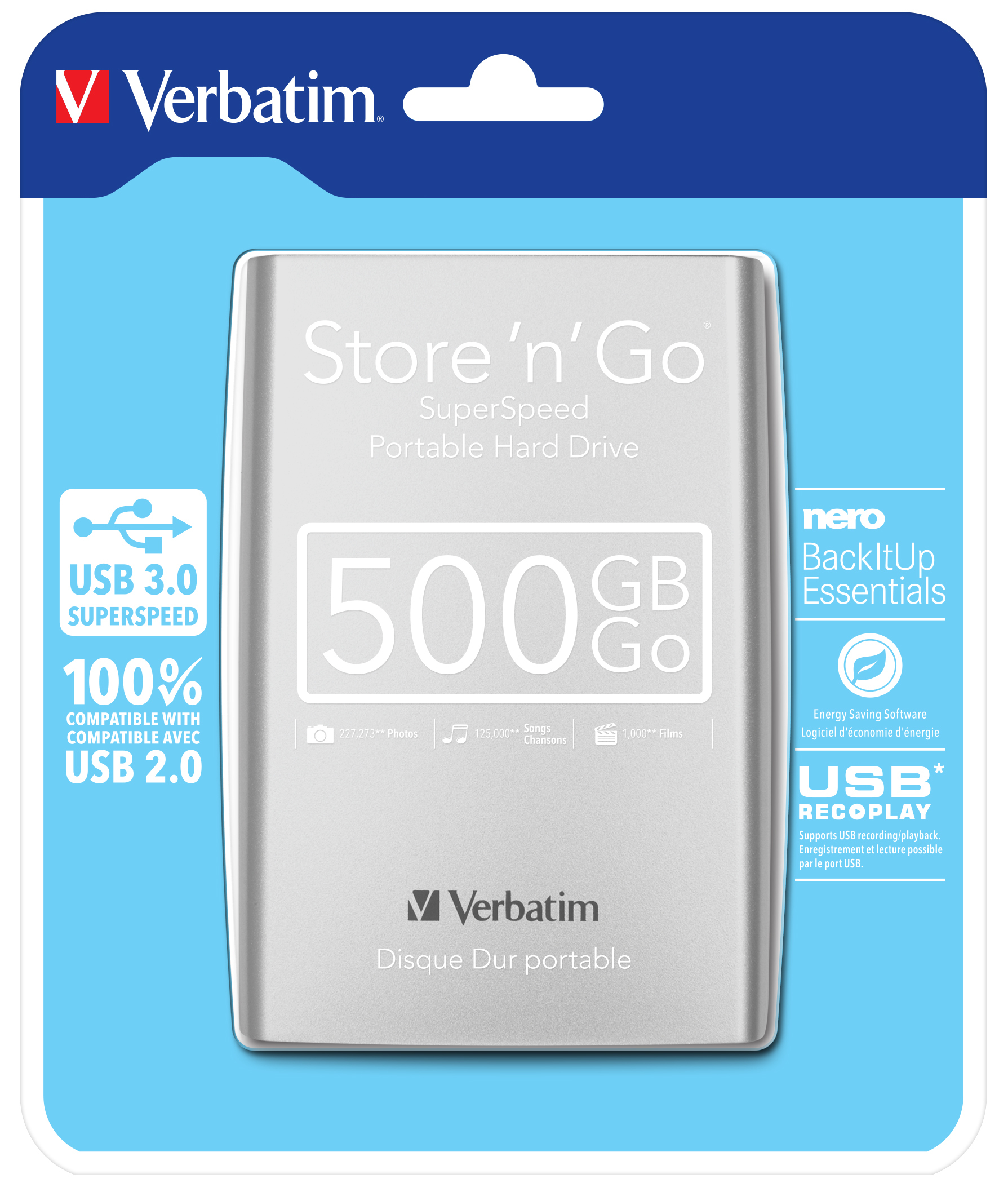 Verbatim Draagbare vaste Store 'n' Go-schijf met USB 3.0 van 500 GB, zilver